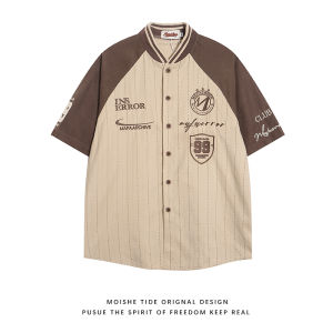 Loose Fit Baseball Collar Short Sleeve Shirt Mens Summer Casual Striped Embroidery American Retro Style Polyester Fiber