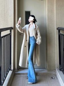 High Waist Stretchy Slim Fit Flared Jeans Womens Long American Retro Blue Denim Pants High Heels Horse Hoof Pants