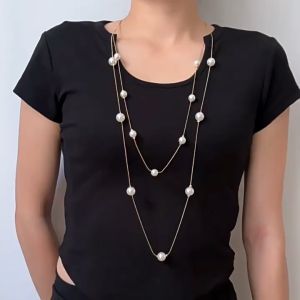 Simple And Versatile Sweater Chain Extra Long Pearl Necklace Korean Fashion Clothing Accessories Rantai Leher Perempuan