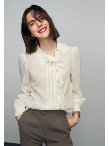 เสื้อเชิ้ตผ้าไหมแท้แบบไม่สมมาตรขัดทรายสำหรับผู้หญิงเสื้อเชิ้ตผ้าไหมหม่อนแขนยาวชายระบายออกแบบพิเศษใส่ทำงานปี100%