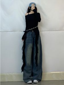 XXBUNI Spicy Girl Asymmetrical Long Sleeve T-Shirt Womens Slim Fit Shoulder Baring Top for Jazz Dance Black Color