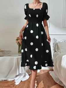 Fashion Hepburn Retro Square Collar Polka Dot A- line Skirt Fitted Waist High Waist Slim Looking Overknee Mid-Length Short Sleeve Dress Summer