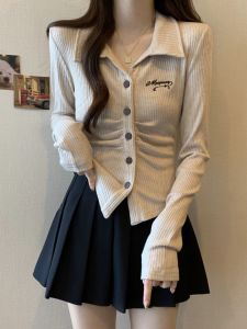 Premium V-Neck Knitted Base Shirt Women Early Autumn plus Size Slimming Short Polo Neck Open Cardigan Korean Style Commute Wind