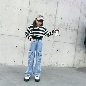 Cargo Pants For Kids Girls 2026 New Style Jeans Fashion Loose Leggings Wide Leg Casual Pants For 2 To 16