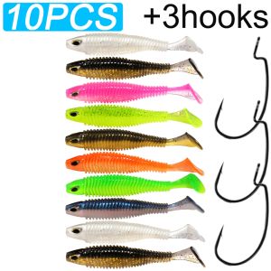 GOBAI Fishing Lure set 10PCS Soft Lures 3PCS Offset Hook 6.5cm 7.5cm 10.5cm T Tail Worm Crank Carp Pesca Swimbait Gear Big Bait
