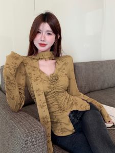 GUZILIAN | Stunning Rose V-neck Chiffon Top Beautiful Hanging Neck Small Shirt Autumn Irregular Pleated Floral Long Sleeve Slim Fit Blouse