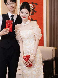 Champagne New Chinese Style Cheongsam Engagement Wedding Dress Womens Morning Robe Marriage Casual Wear Small Size Large Size