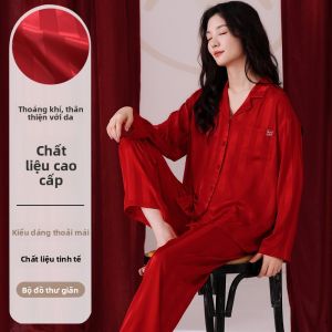 MiiOW | Bộ đồ ngủ lụa băng tay dài màu đỏ cho cặp đôi MiiOW Cat Person Bộ đồ ngủ mùa hè thoáng khí thoải mái cho nam và nữ