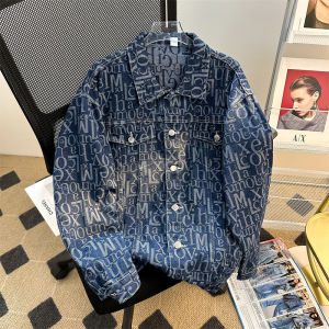 Full Print Denim Outwear Mens Spring and Autumn Oversize Trendy Retro Design Loose Washed-out Lapel Jacket