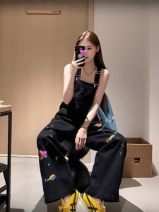 กางเกงยีนส์ทรงหลวมขาตรงผู้หญิงฤดูร้อนปักลายการ์ตูน กางเกงขายาวทรงหลวม กางเกงยีนส์ทรงเดรสแบบสวมหัว