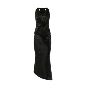 V-Neck Off-Shoulder Tie Acetate Satin Sleeveless Halter Top Irregular Fish Tail Skirt Set
