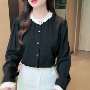 AMMIN 2024 Autumn New Fashion Pleated Cutout lace patchwork stand collar long sleeve chiffon blouse Korean style flower button-single breasted commuter career Elegant Blouse