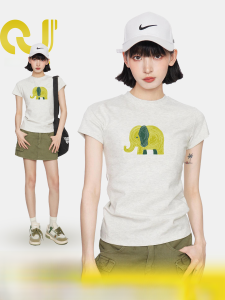 American Style Gray Printing Shoulder Short Sleeve T-Shirt Womens Summer 2024 New Arrival Slim Fit Skinny Small Short Tops