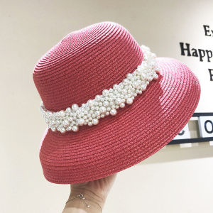 Retro Hepburn Large Brim Pearl Straw Hat Womens Summer Travel Beach Sunshade Hat Face Covering Hat Elegant Spring Summer