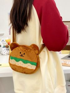Cute Hamburger Victory Bear Bag Womens 2024 New Arrival Autumn Fashion Cartoon Funny Plush Shoulder Bag Casual Messenger Bag