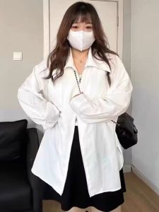 Large Size Korean Style Design French Zipper White Polo Collar Long Sleeve Shirt for Women Loose Fit Anti-Aging Trendy Top