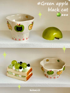 Cute Green  Cat Salad Bowl High Aesthetic Breakfast Yogurt Bowl Ice Cream Dessert Fruit Salad Bowl for Women