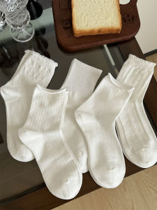 White Mary Jane Socks Womens Summer Thin Mid-Calf Pure Color Floral Lace JK Style Matching Small Leather Shoes Home Comfort Stockings