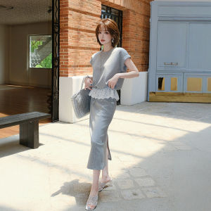 Gray Leisure Commuting Lace Stitched Waist-accentuated Womens Set