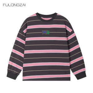 Childrens Long Sleeve T-Shirt Pure Cotton Striped Sporty Boys Fashionable Top Spring Autumn New Style Korean Loose Fit Crew Neck