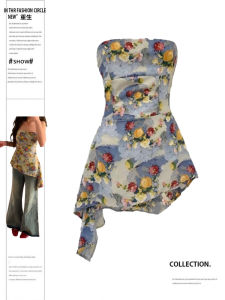 เสื้อครอปแขนกุดทรงเข้ารูปสไตล์วินเทจสำหรับผู้หญิงในฤดูร้อน ทรงเข้ารูป เสื้อกั๊กคอวี ไม่มีแขน ดีไซน์ไม่สมมาตร ลายดอกไม้