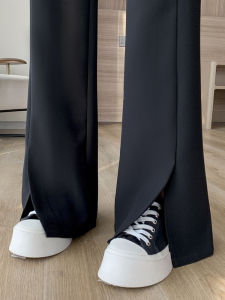 Slim Straight Leg Pants Womens Spring Autumn High Waist Long Trousers Korean Style Suit Pants Floor Length Slit Design