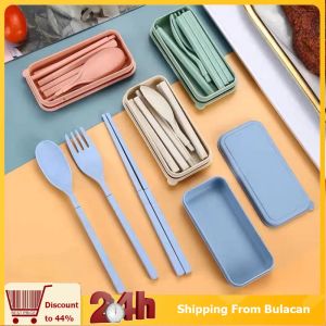 3pcs Set Reusable Folding Wheat Straw Pink Spoon Chopstick Fork Cutlery Set with Box Collapsible Set
