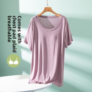 Outwear Modal Short-Sleeved T-shirt with Chest Pad Wear-Free Bra Bottoming Shirt Womens Summer Thin Pure Color Mid Length Long Length Tops
