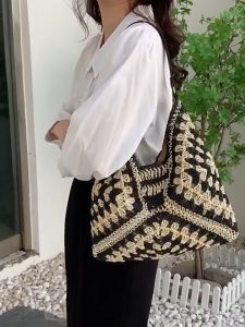 Tas bahu kasual impor Korea tas pantai liburan Prancis sederhana tas tenun tangan tas jerami modis