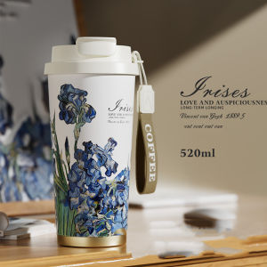 Van Gogh Style Flower Coffee Mug 500ml Stainless Steel Vacuum Flask Straw and Directly Drinking Insulated Tumbler Thermal Cup