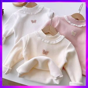 เสื้อยืดผ้าขนแกะหนาสำหรับเด็กผู้หญิงในฤดูใบไม้ร่วงและฤดูหนาว เสื้อผ้าเด็กผู้หญิงแบบสวมหัว ผ้าขนแกะหนา แขนยาว คอกลม ทรงหลวม