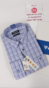 [Việt Tiến ] Sơ Mi Dài Tay - Regular (Suông) - Vạt Bầu - Kẻ caro vuông màu xanh dương nhạt