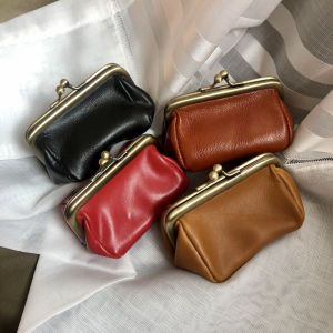 Retro Exquisite ของแท้ หนัง กระเป๋าสตางค์ขนาดเล็ก ผู้หญิง ที่เก็บกระเป๋าใส่เหรียญกุญแจสําหรับหูฟังและซองจดหมายสีแดง