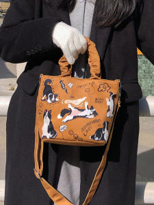 Niche Style Original Cute Puppy Retro Handbag Casual Easiest for Match Canvas Lunch Bag Bucket Shoulder Messenger Bag