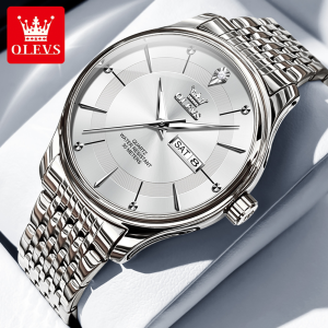 OLEVS Watch For Men Original Waterproof Business Casual Imported Movement Luxury Stainless Steel Strap luminous Dual Calendar Display With Free Box
