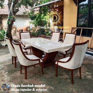 MEJA MAKAN MARMER CREAM SET 6 KURSI MEJA MAKAN JATI KURSI JOK MODERN MEJA MAKAN VINTAGE BERKUALITAS