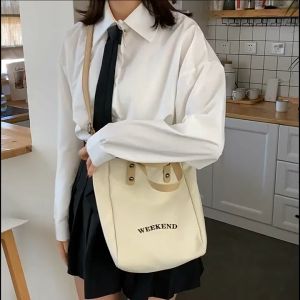 STGB77112 กระเป๋าผ้าสายหนัง ผ้าหนาอยู่ทรง ลาย WEEKEND สไตล์มินิมอล ความจุขนาดใหญ่ พร้อมส่งจากกทม