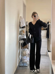 กางเกงยีนส์ทรงตรงเอวสูงเอวยางยืดสีดำสำหรับผู้หญิงไซส์ใหญ่ กางเกงขายาวทรงเข้ารูปขากว้างเอวสูง ทรงเข้ารูป เอวสูง ทรงหลวม สไตล์ฤดูใบไม้ร่วง