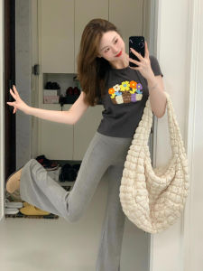 กางเกงขายาวทรงหลวมเอวต่ำสำหรับผู้หญิง กางเกงขายาวทรงหลวมผ้าถักสีเทาสำหรับฤดูใบไม้ร่วง ดีไซน์ใหม่ กางเกงขายาวทรงหลวมสำหรับผู้หญิง