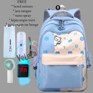 Tas ransel anak perempuan remaja SD SMP model HELLO PANDA gratis botol minum kaca jam tangan nano spray kipas angin mini dan gantungan tas bunga Tas ransel