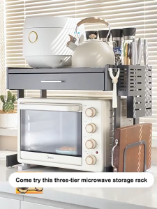 BMZAR Microwave Rack with Drawer Pull Out Shelf Kitchen Countertop Organizer Carbon Steel Storage Stand for Rice Cooker Air Fryer Space Saving