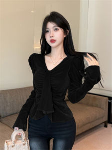 French Style V-Neck Velvet Slimming Long Sleeve Shirt for Women Autumn Winter