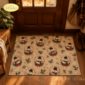 VIKAMA Christmas Snowman Wreath Printed Doormat Anti‑Slip Wear‑Resistant Floor Mat For Entrance Porch Home Decor