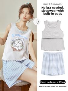 Miiow | Ice Silk Womens Sleepwear Set With Chest Pad Short Sleeve Shorts Home Clothes Summer Sweet Cute Style Round Neck Cartoon Pattern