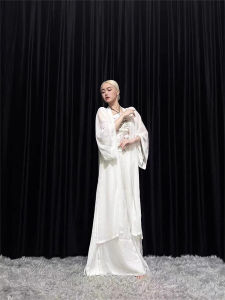 ROUR เสื้อคาร์ดิแกนคลุมคอสีขาวสไตล์โบราณ ชุดฮันฟูการแสดงสำหรับผู้หญิง ผ้าคลุมไหล่สไตล์ชาติพันธุ์ที่ปรับปรุงใหม่