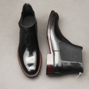 Trendy Genuine Leather Chelsea Boots High Top round Toe Casual Mens Shoes Warm Autumn Winter Leather Boots Zipper Closure Rubber Sole