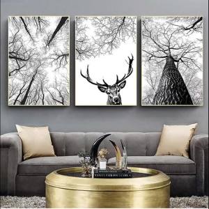 BILIBILI | Scandinavian Tree Print Hunting Posters Deer Antlers Wall Art Woodland Tree Minimalist Canvas Painting Home Room Decoration
