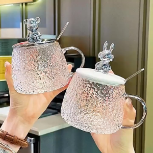 Cute Bear Ins Style Glass Water Bottles 400 ML Clear Glass Water Tumbler Drinking Cups with Handle