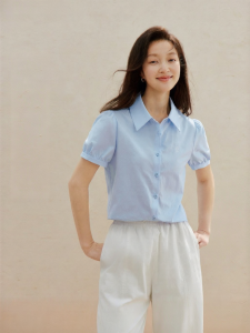 INMAN | 100 Xinjiang Cotton College Style Turn-Down Collar Short Sleeve Blouse