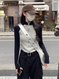 Áo Thun Tay Dài La Chapelle Màu Tương Phản Cho Nữ Mùa Xuân Thu Phong Cách Hàn Quốc Ôm Vừa Vặn Thon Gọn Áo Len Cardigan Bên Trong